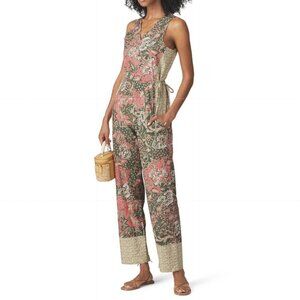 Warm Floral Pink and Green Sleeveless V-Neck Printed Cotton Jumpsuit Size 0